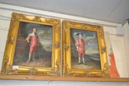 Pair of reproduction oil studies of 19th century golfers set in foliate gilt finish frames