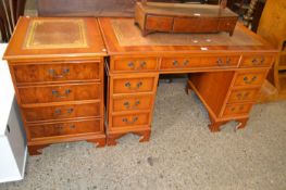 Reproduction yew wood twin pedestal office desk with leather inset top, together with accompanying