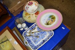 Tray of mixed ceramics, glass cruet set, porcelain tazza etc