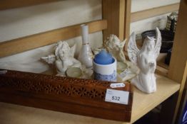 Mixed Lot to include two cherub tea light holders, wooden box etc