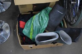 Box of various Wellington boots, waterproof overalls etc