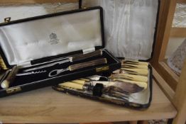 Antler handled sommelier set cased by Mappin & Webb, together with a fish service