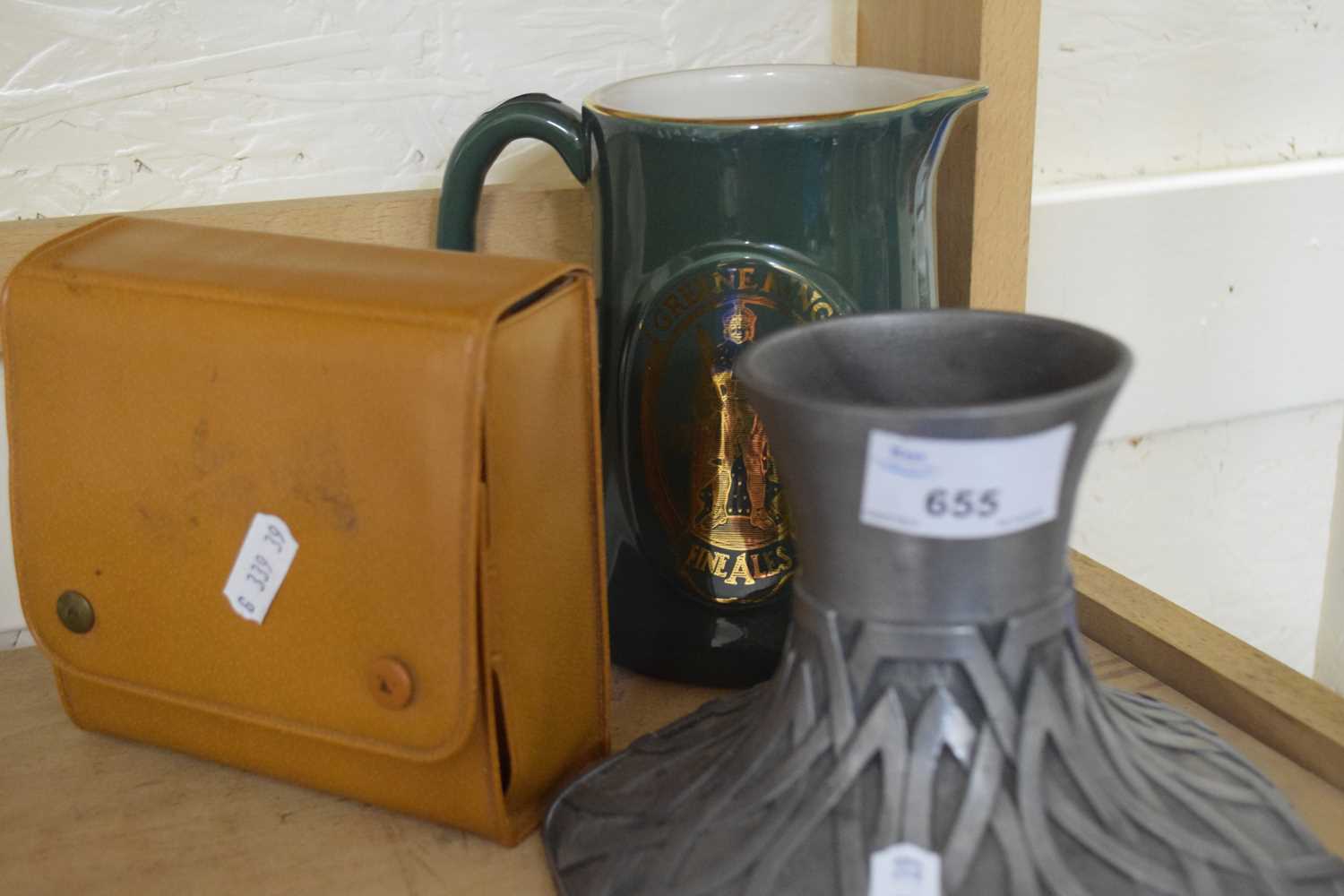 Pendragon faux pewter candle stand together with a Greene King jug and a pair of gentleman's