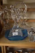 Three glass figurines together with blue glass dish, glass coasters and a glass ash tray