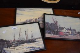 The Hythe, Maldon, Essex, Pin Mill Suffolk and Aldeburgh, Suffolk, three reproduction prints, f/g