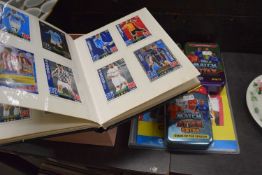Quantity of football collectors cards together with a Tops Match Attax collectors tins and Premier