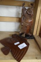 Carved wooden figure of a Buddha together with another of a fish (2)