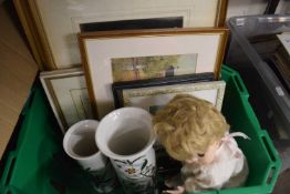 Mixed lot - two Portmeirion vases, a doll, mixed pictures