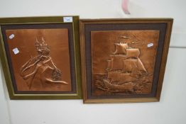 Pair of copper relief pictures, framed