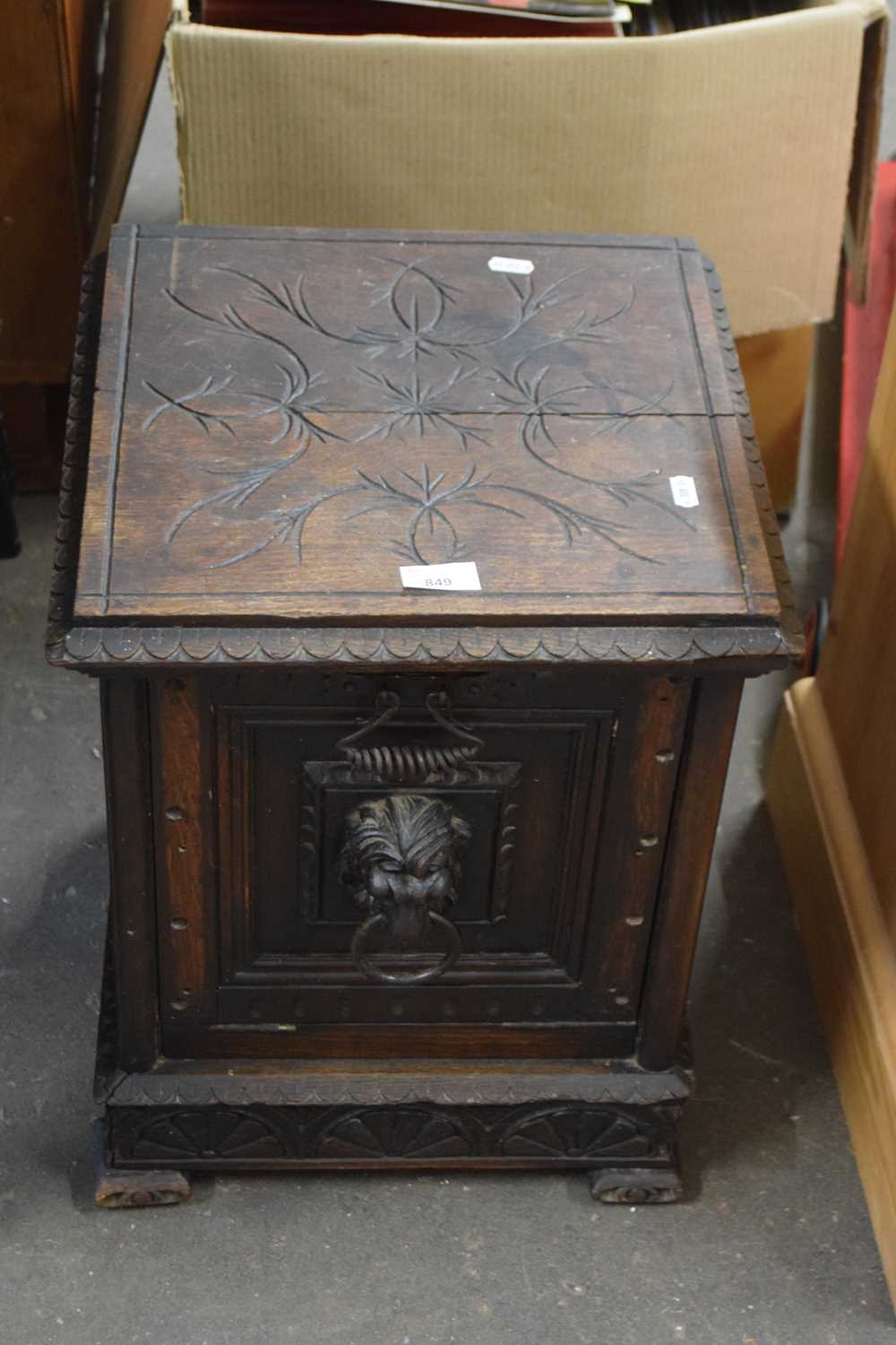 Carved oak former coal box