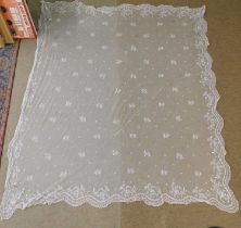 A late Victorian lace veil/shawl, with scalloped edges and floral detail throughout, approx. 163 x