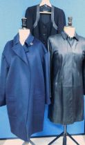 Three lady's coats to include a Jaeger navy blue wool coat size 8, a Jaeger black jacket with