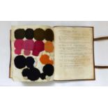 A late 19th century extensive ledger of dyed fabric samples and wools, with detailed hand written