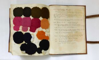 A late 19th century extensive ledger of dyed fabric samples and wools, with detailed hand written