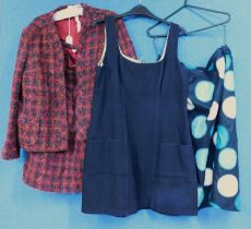 A selection of lady's wear to include a navy blue wool pinafore dress by Jigsaw, size 12 together