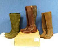 Three pairs of lady's knee high boots, to include a pair of reddish brown zip up boots with textured