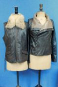 A leather jacket and similar gillet, the tri-coloured brown, black and beige leather jacket,