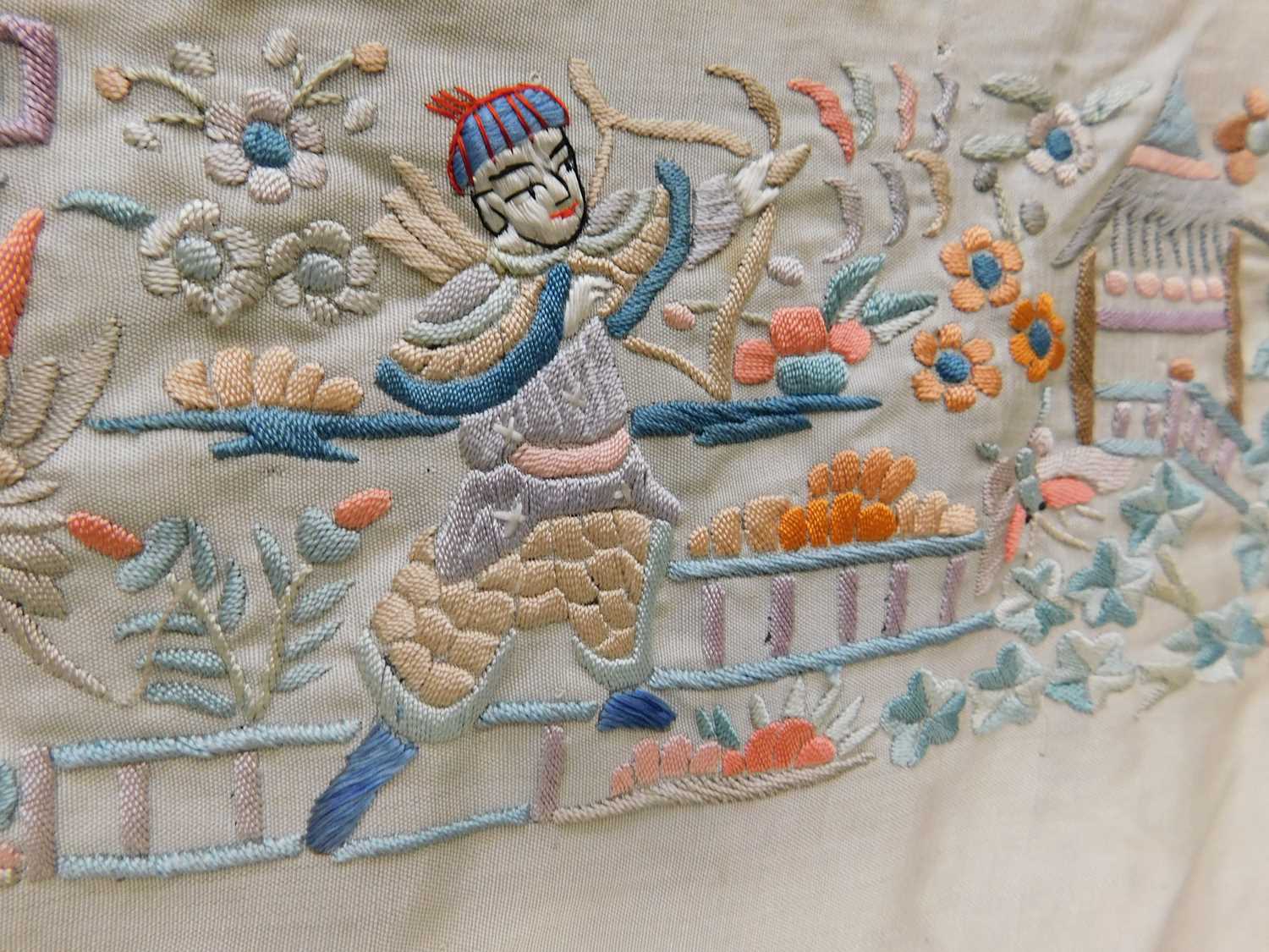 A late 19th century Chinese embroidered shawl, the cream silk shawl with allover embroidery of - Image 2 of 13