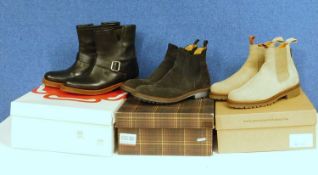 Three pairs of lady's boots to include a pair of beige suede chelsea boots by Penelope Chilvers,