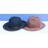 Two wool felt Fedora's, one in forest green by Brora, size S/M and one in khaki green, size M (2)