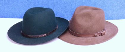 Two wool felt Fedora's, one in forest green by Brora, size S/M and one in khaki green, size M (2)