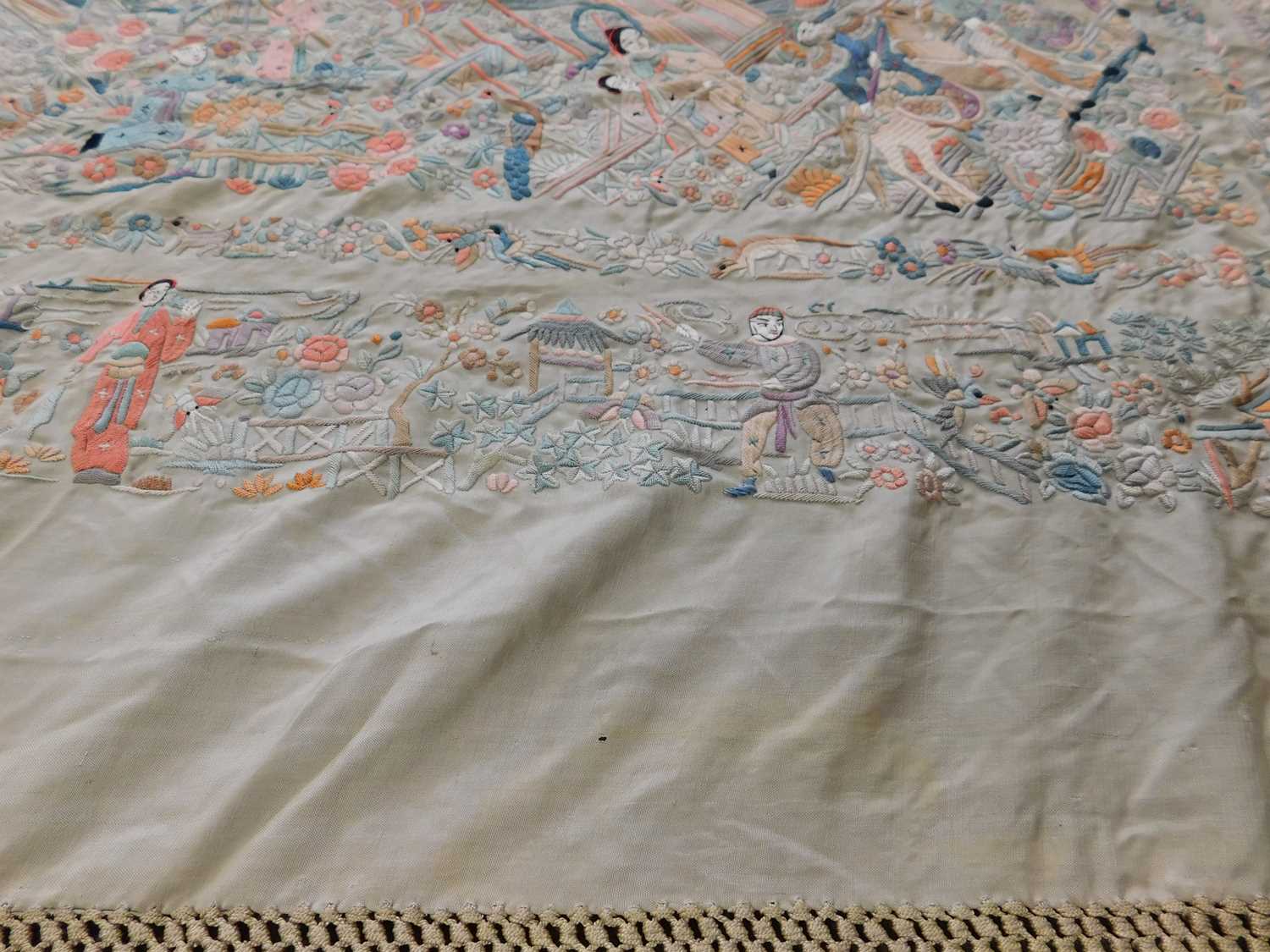 A late 19th century Chinese embroidered shawl, the cream silk shawl with allover embroidery of - Image 10 of 13