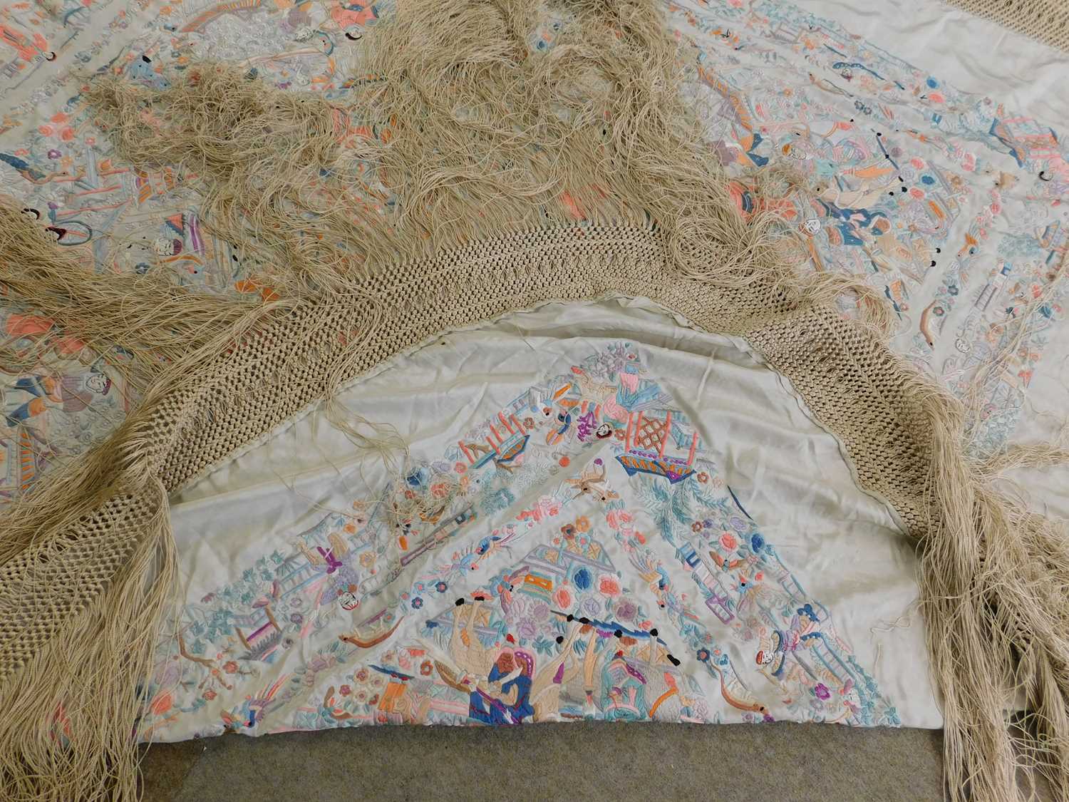 A late 19th century Chinese embroidered shawl, the cream silk shawl with allover embroidery of - Image 4 of 13