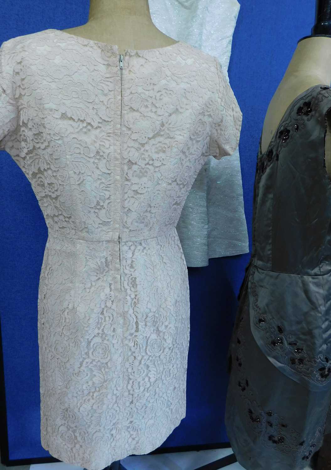 Three circa 1960's cocktail dresses, to include a cream glitter shift dress with rose detail to - Image 3 of 6