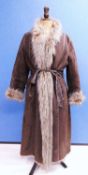 A brown faux fur coat by 'Et Dieu Crea La Femme' coat, 3/4 length open fronted with brown faux suede