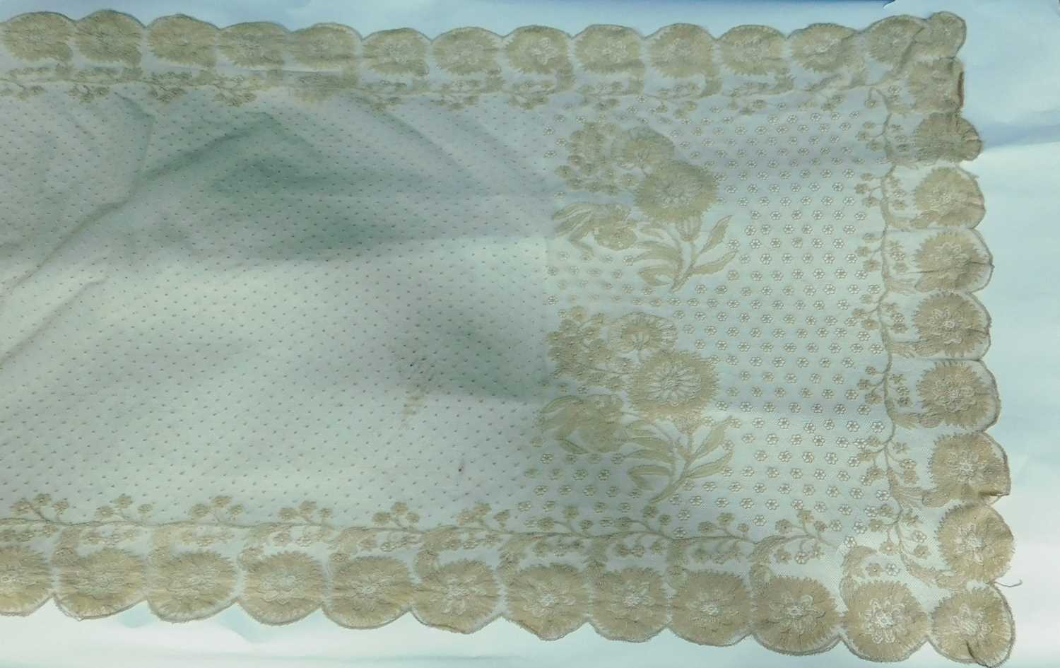 A Nottingham lace shawl with scalloped floral edges, with a border of flowers and all over dot and - Image 2 of 7