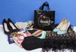A quantity of lady's accessories to include scarves, shoes and bags, including a pair of Tiffany