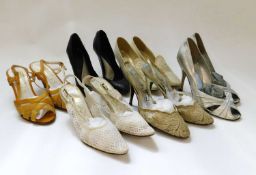 Six pairs of lady's shoes to include a pair of gilt brocade sling backs by Russell & Bromely, a pair