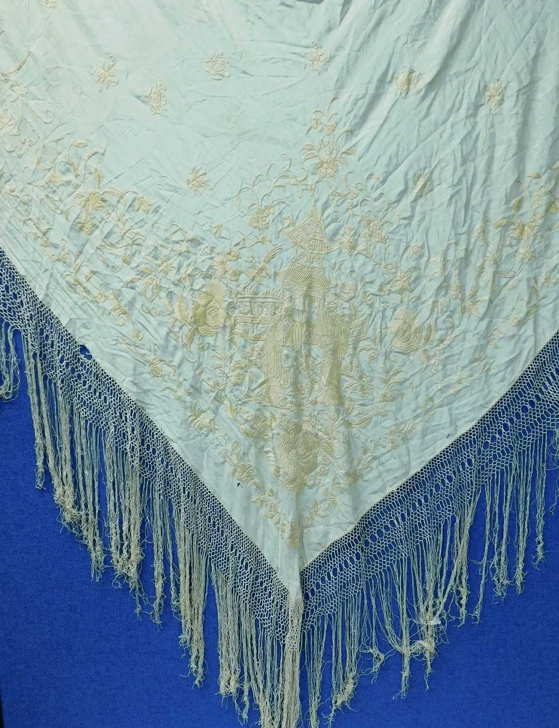 Three early 20th Century silk shawls, one cream with extensive chinoiserie style embroidery, another - Image 9 of 11