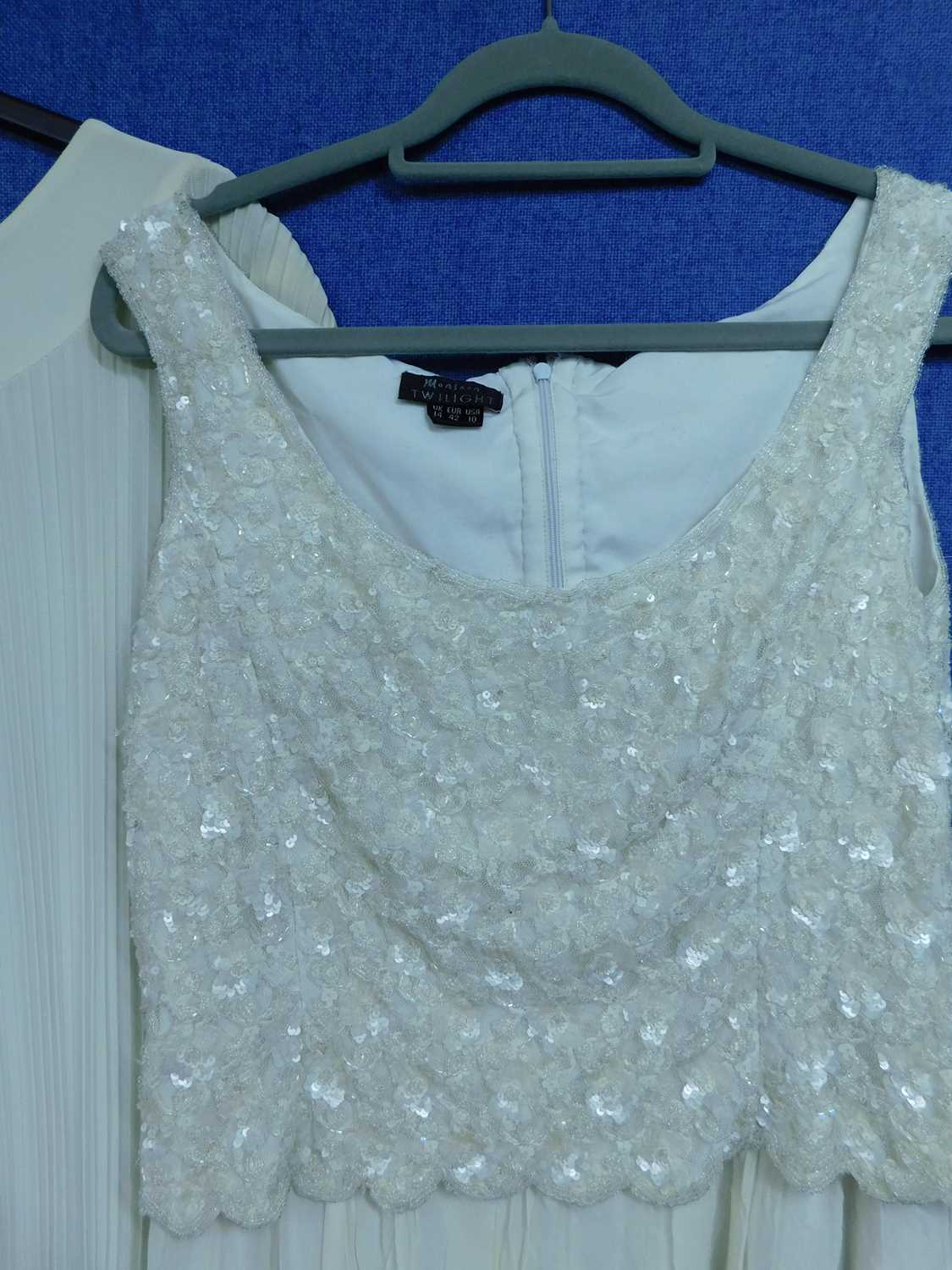 Three cream lady's occasion wear dresses to include a sleeveless shift by Monsoon Twilight with - Image 3 of 8