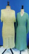 Two mid circa 1970's crochet dresses, one in sage green with long sleeves and V neck; the other in a