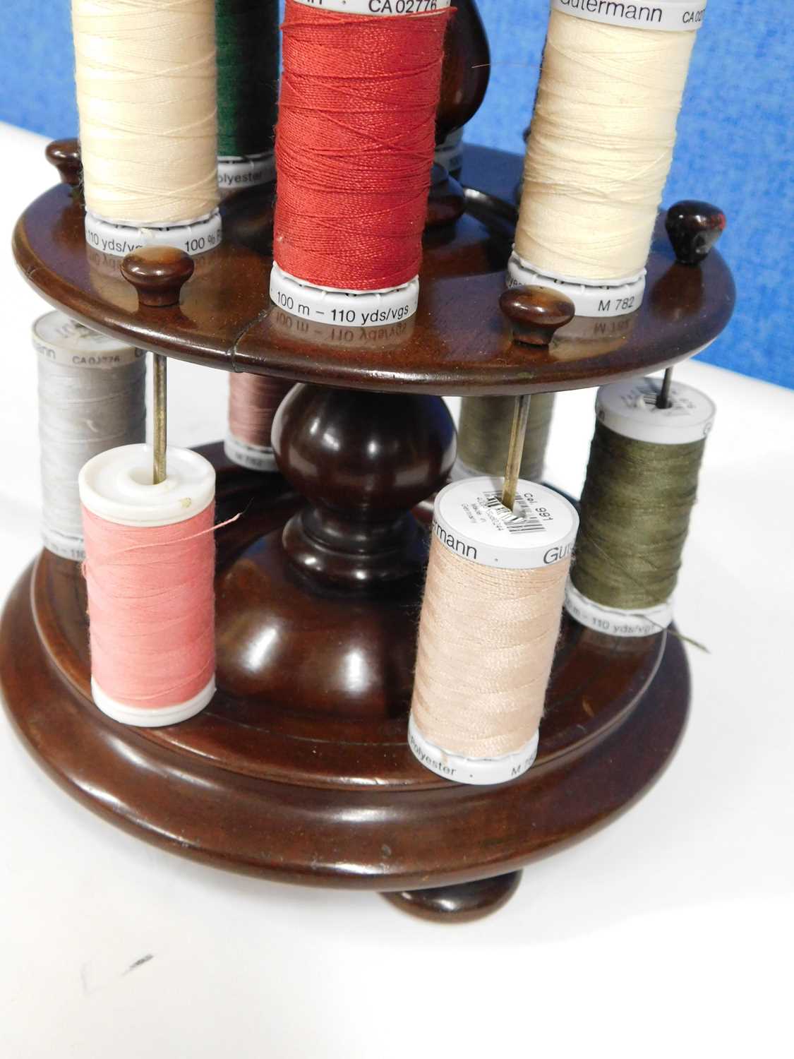 A 19th century two tier mahogany cotton reel holder with pincushion top, approx. 33cm high - Image 2 of 4