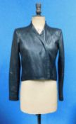 A lady's black leather cropped jacket by Helmut Lang, front asymetric zip with side zip pockets,