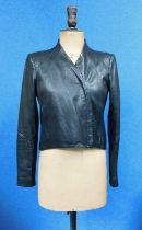 A lady's black leather cropped jacket by Helmut Lang, front asymetric zip with side zip pockets,