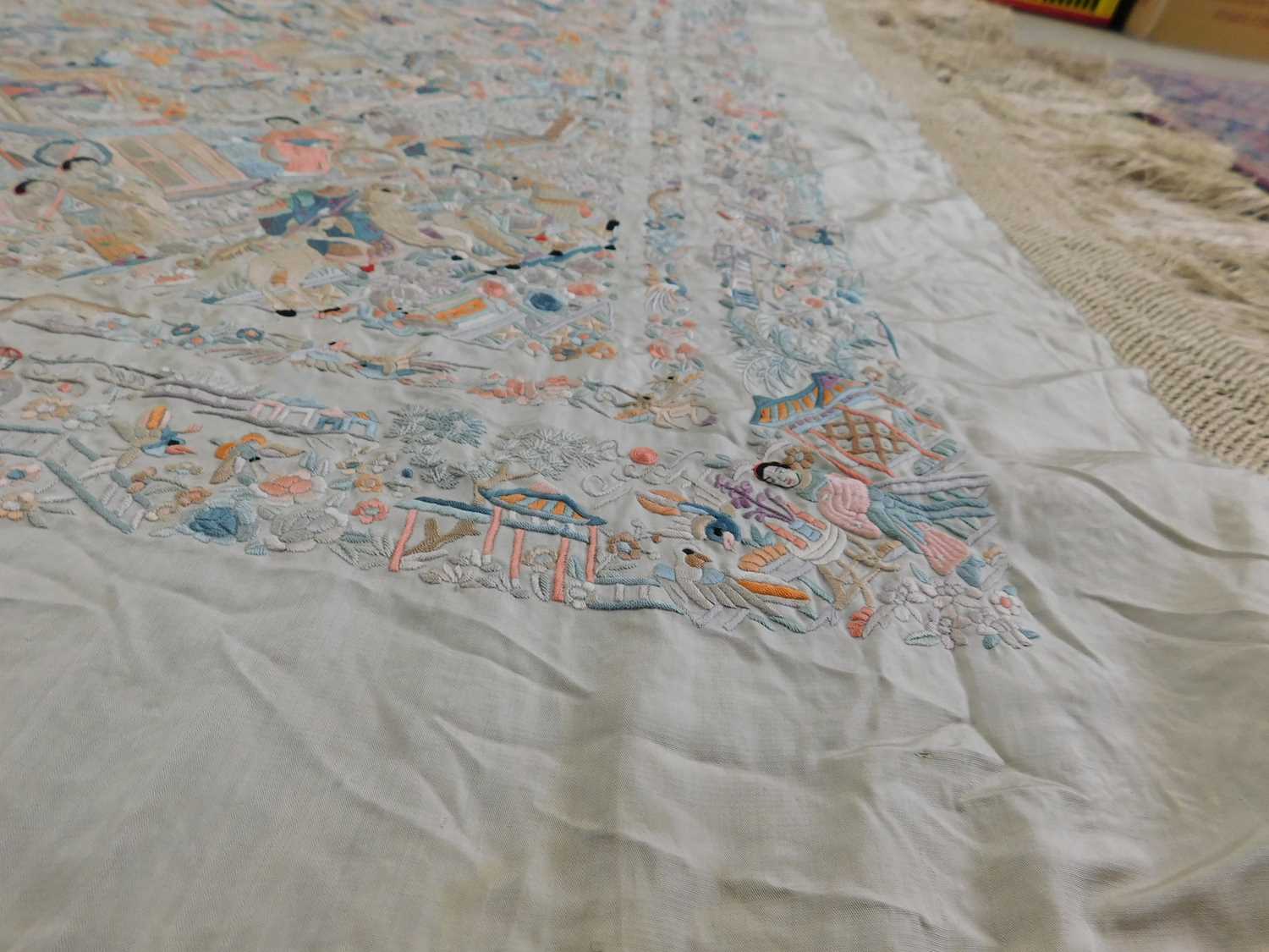 A late 19th century Chinese embroidered shawl, the cream silk shawl with allover embroidery of - Image 8 of 13