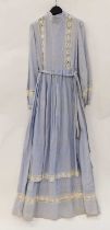 A c.1977 Laura Ashley blue and white cotton dress, with vertical pin tuck and lace trim front, cuffs