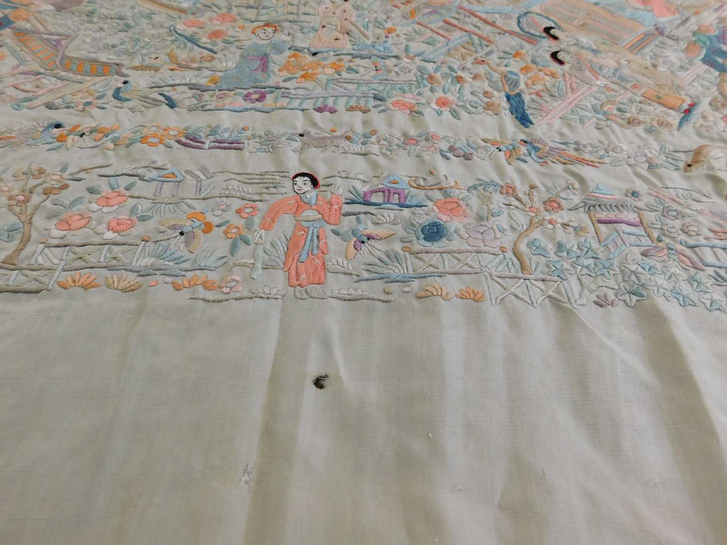 A late 19th century Chinese embroidered shawl, the cream silk shawl with allover embroidery of - Image 5 of 13