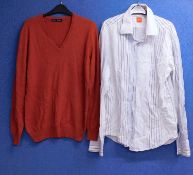 Two items of menswear to include a Ralph Lauren burnt orange V neck jumper, size M together with a