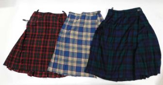 Three kilts: two by Pitlochry and another by The Scotch House, (3) red kilt - no name, no size,