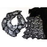 An early 20th century black lace collar and a square black lace shawl/throw, (2)