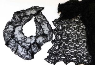 An early 20th century black lace collar and a square black lace shawl/throw, (2)