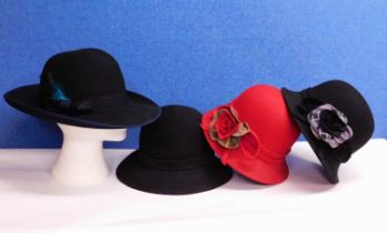 Four lady's hats, to include a black wool felt Fedora by Brora, size S-M together with two wool