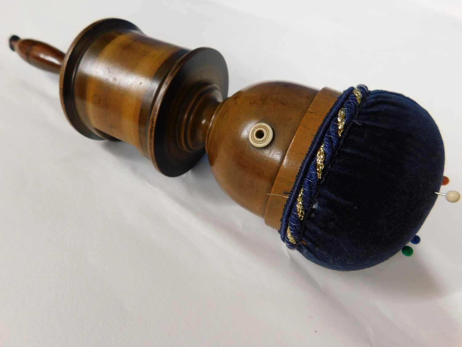 A late 19th century fruitwood sewing clamp with pincushion top, approx. 23cm long - Image 3 of 3