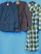 A selection of mens wear to include a navy blue double breasted two piece pinstriped suit,