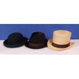 Three hats: to include a brown trilby by Dunn & Co., a straw top hat and green wool hat, (3)