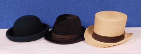 Three hats: to include a brown trilby by Dunn & Co., a straw top hat and green wool hat, (3)